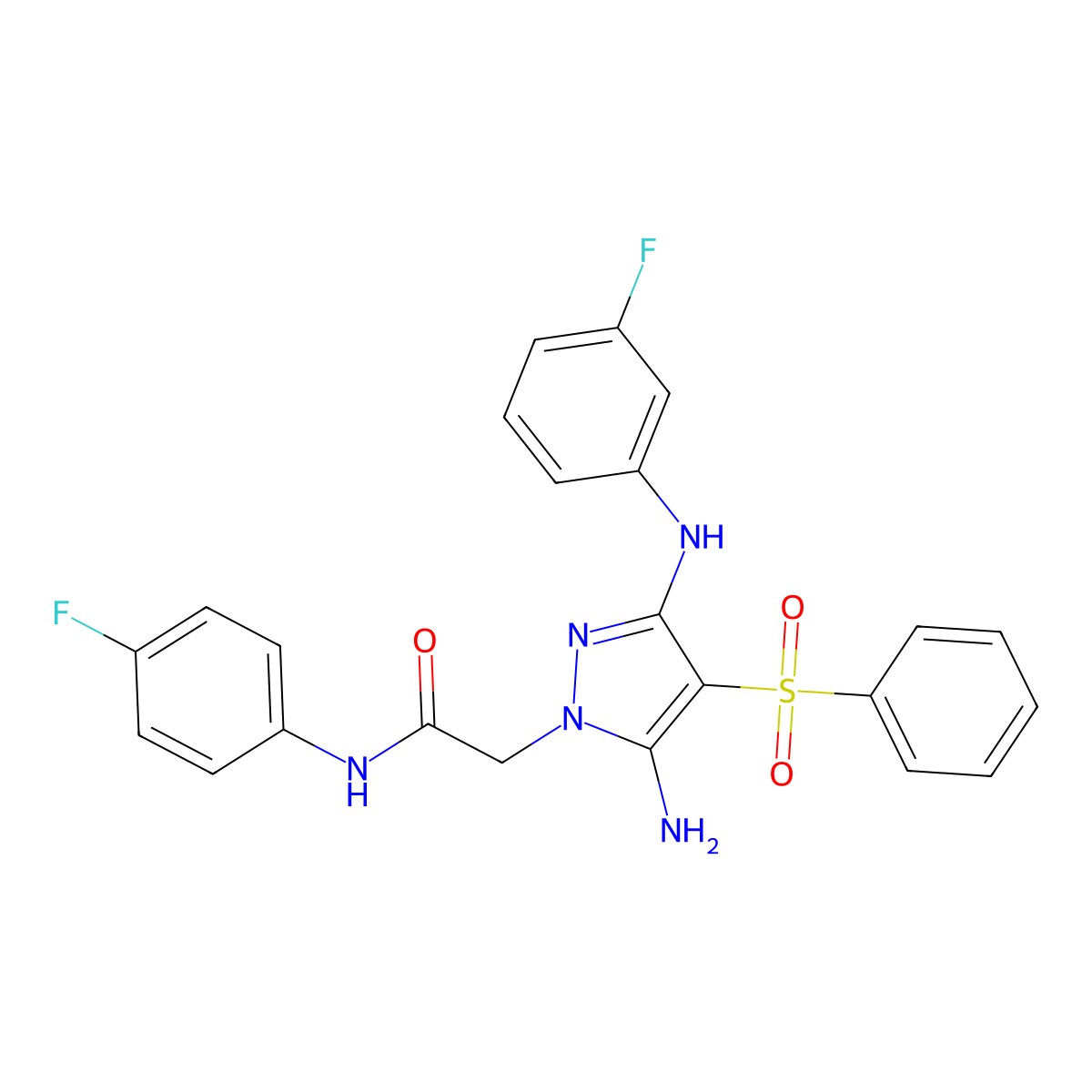 2-(5-amino-3-((3-fluorophenyl)amino)-4-(phenylsulfonyl)-1H-pyrazol-1-yl)-N-(4-fluorophenyl)acetamide molecular structure, CAS 1019099-18-3