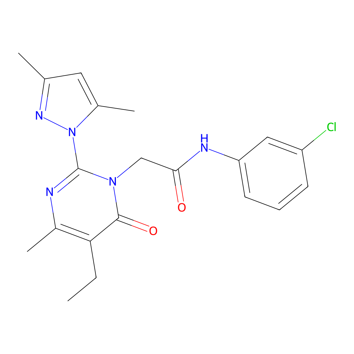 N-(3-chlorophenyl)-2-[2-(3,5-dimethyl-1H-pyrazol-1-yl)-5-ethyl-4-methyl-6-oxo-1,6-dihydropyrimidin-1-yl]acetamide molecular structure, CAS 1019099-23-0