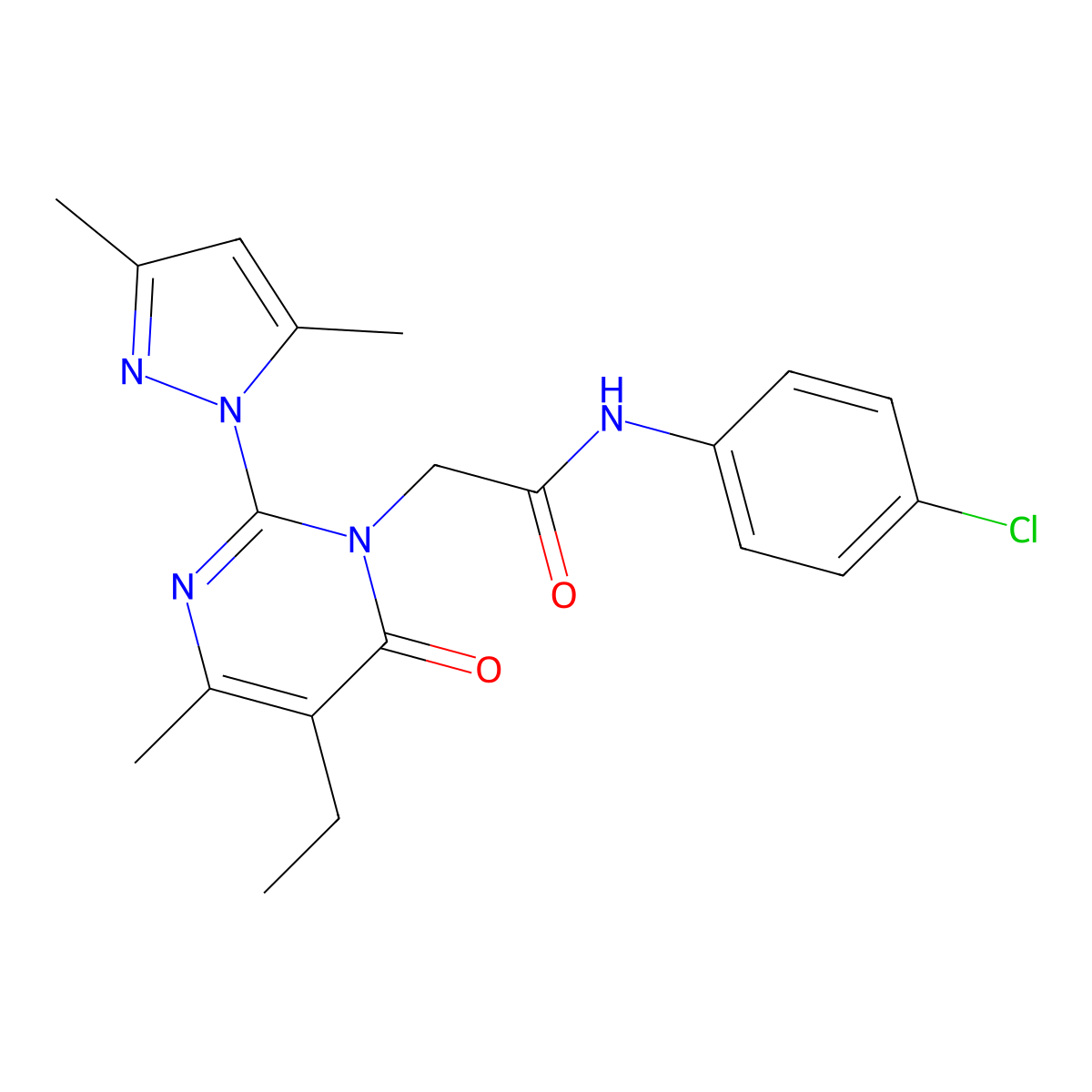 N-(4-chlorophenyl)-2-[2-(3,5-dimethyl-1H-pyrazol-1-yl)-5-ethyl-4-methyl-6-oxo-1,6-dihydropyrimidin-1-yl]acetamide molecular structure, CAS 1019099-25-2