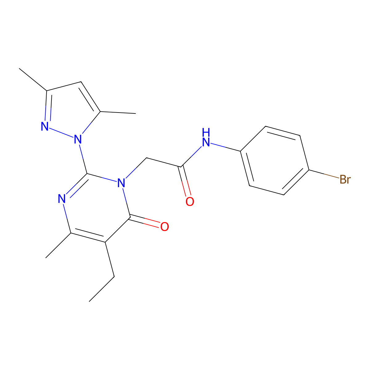 N-(4-bromophenyl)-2-[2-(3,5-dimethyl-1H-pyrazol-1-yl)-5-ethyl-4-methyl-6-oxo-1,6-dihydropyrimidin-1-yl]acetamide molecular structure, CAS 1019099-27-4