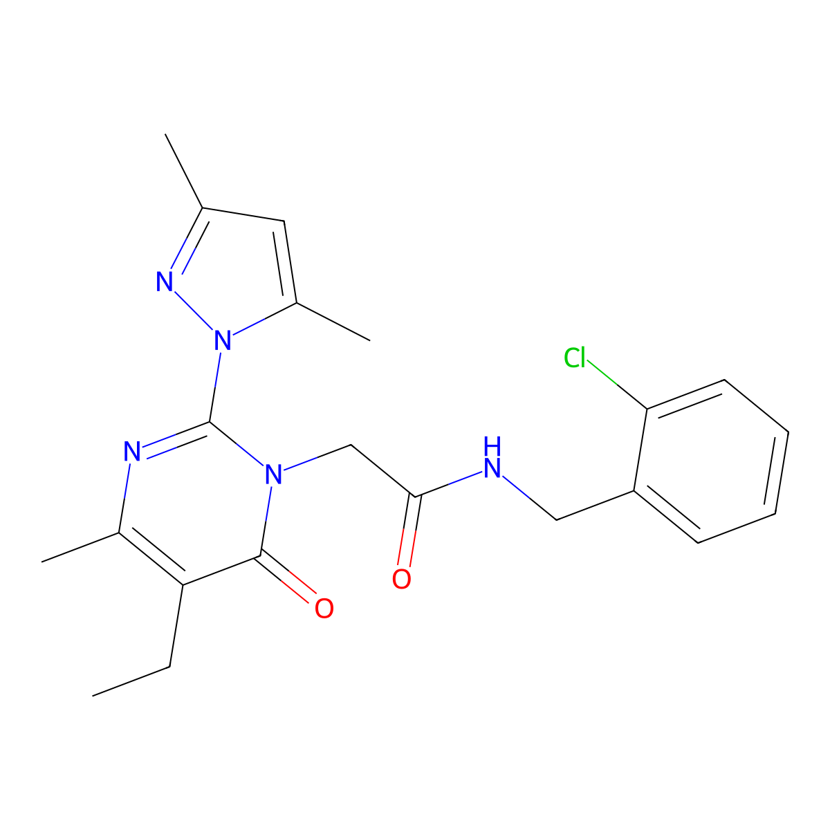 N-(2-chlorobenzyl)-2-(2-(3,5-dimethyl-1H-pyrazol-1-yl)-5-ethyl-4-methyl-6-oxopyrimidin-1(6H)-yl)acetamide molecular structure, CAS 1019099-29-6