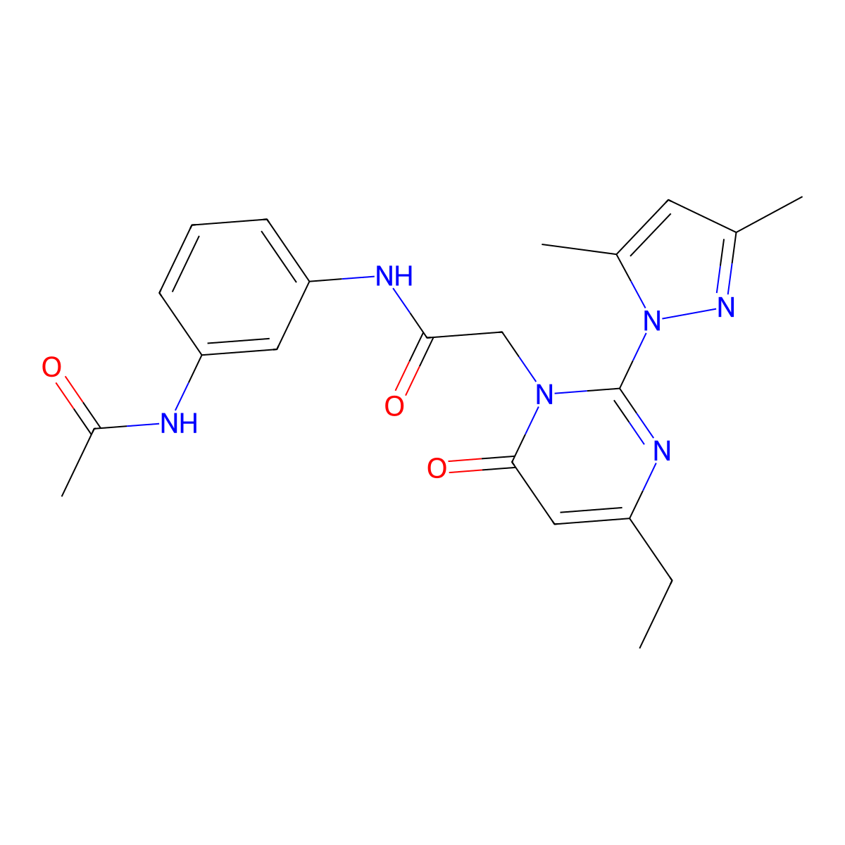 N-(3-acetamidophenyl)-2-(2-(3,5-dimethyl-1H-pyrazol-1-yl)-4-ethyl-6-oxopyrimidin-1(6H)-yl)acetamide molecular structure, CAS 1019099-32-1