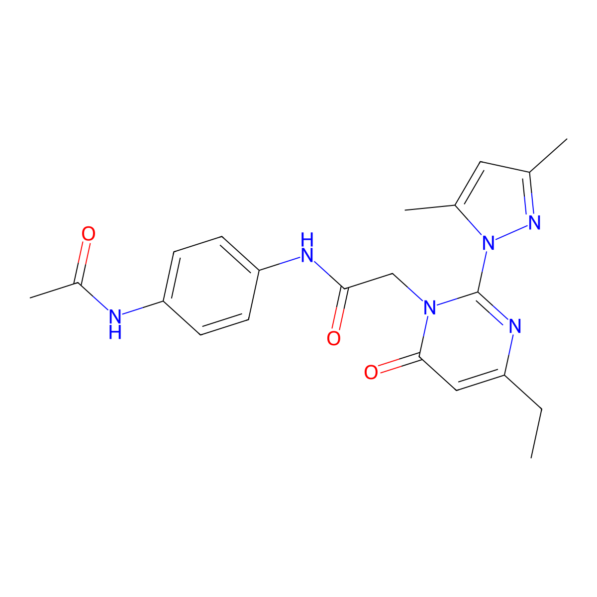 2-[2-(3,5-dimethyl-1H-pyrazol-1-yl)-4-ethyl-6-oxo-1,6-dihydropyrimidin-1-yl]-N-(4-acetamidophenyl)acetamide molecular structure, CAS 1019099-33-2