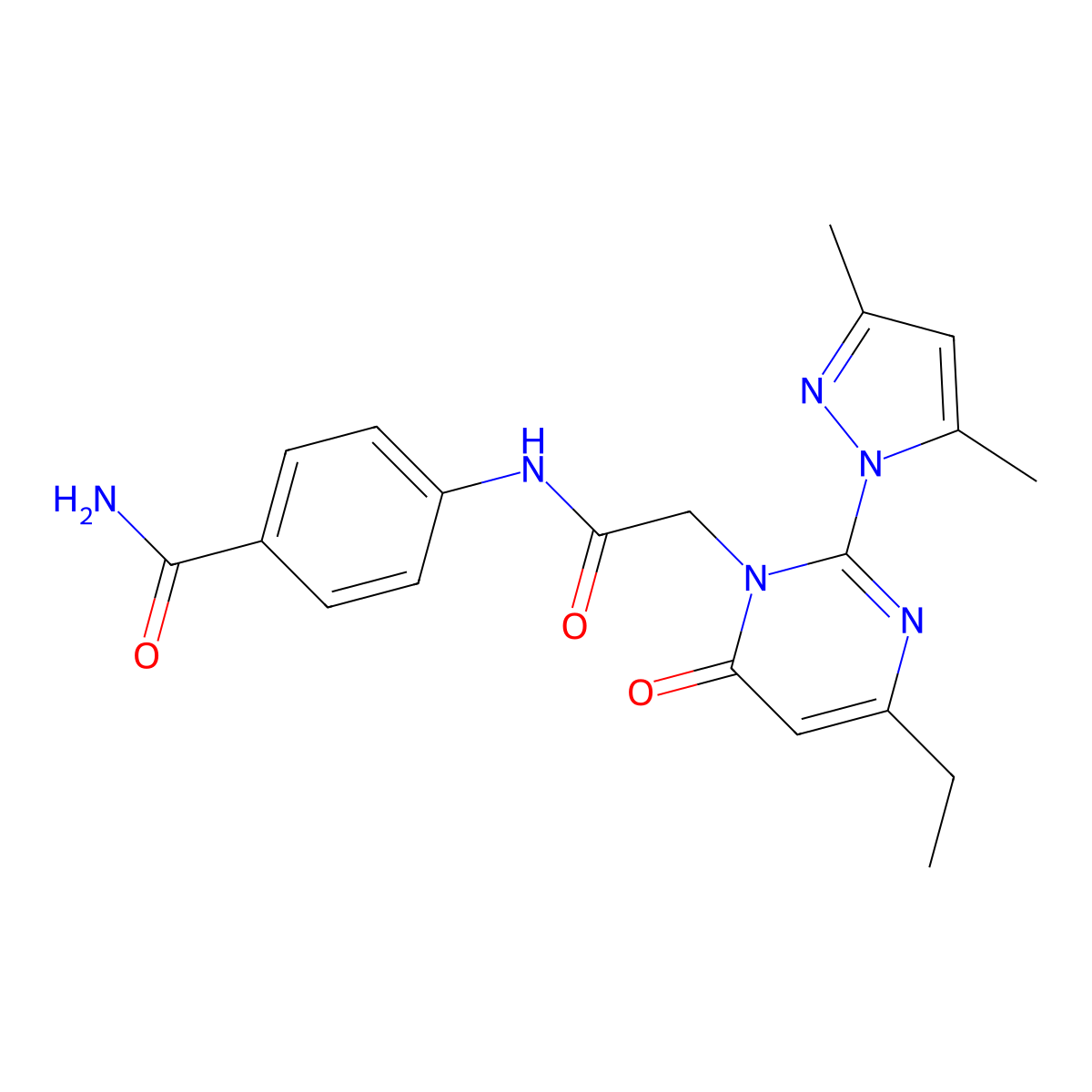 4-{2-[2-(3,5-dimethyl-1H-pyrazol-1-yl)-4-ethyl-6-oxo-1,6-dihydropyrimidin-1-yl]acetamido}benzamide molecular structure, CAS 1019099-35-4