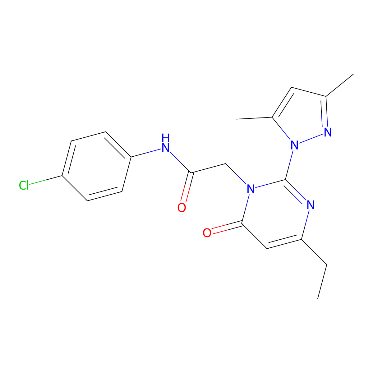 N-(4-chlorophenyl)-2-[2-(3,5-dimethyl-1H-pyrazol-1-yl)-4-ethyl-6-oxo-1,6-dihydropyrimidin-1-yl]acetamide molecular structure, CAS 1019099-37-6