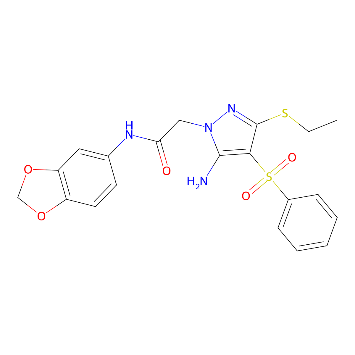 2-[5-amino-3-(ethylthio)-4-(phenylsulfonyl)-1H-pyrazol-1-yl]-N-1,3-benzodioxol-5-ylacetamide molecular structure, CAS 1019099-65-0