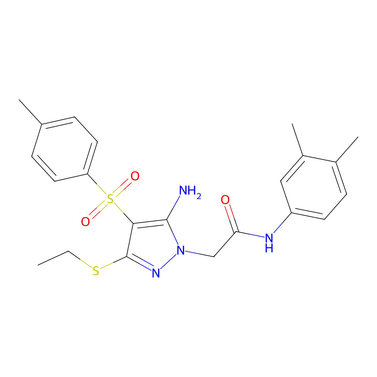 2-(5-amino-3-(ethylthio)-4-tosyl-1H-pyrazol-1-yl)-N-(3,4-dimethylphenyl)acetamide molecular structure, CAS 1019099-69-4