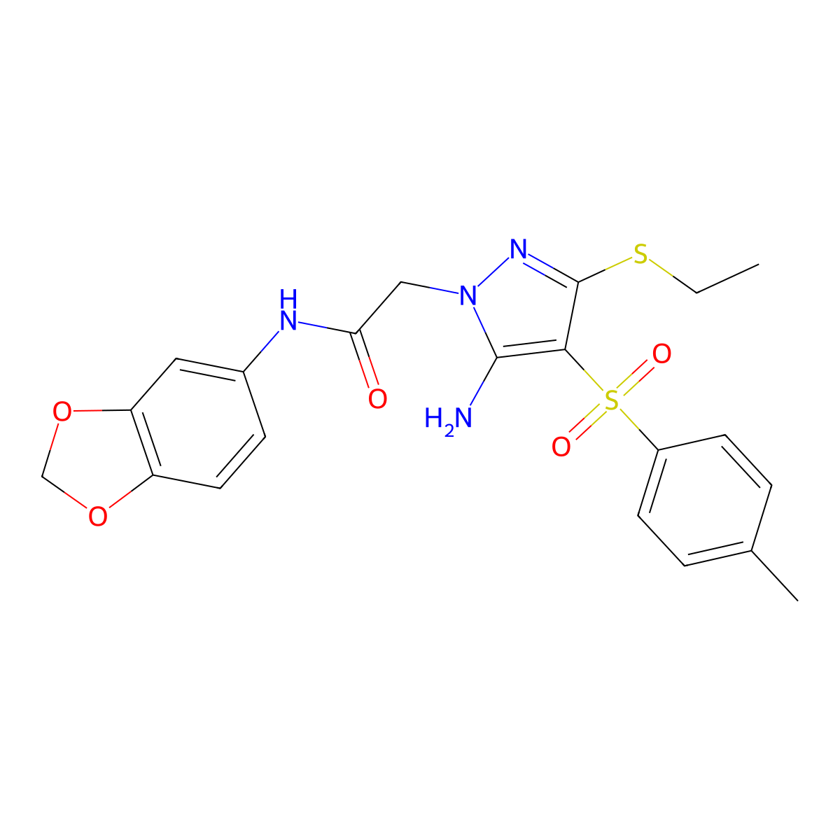 2-(5-amino-3-(ethylthio)-4-tosyl-1H-pyrazol-1-yl)-N-(benzo[d][1,3]dioxol-5-yl)acetamide molecular structure, CAS 1019099-71-8
