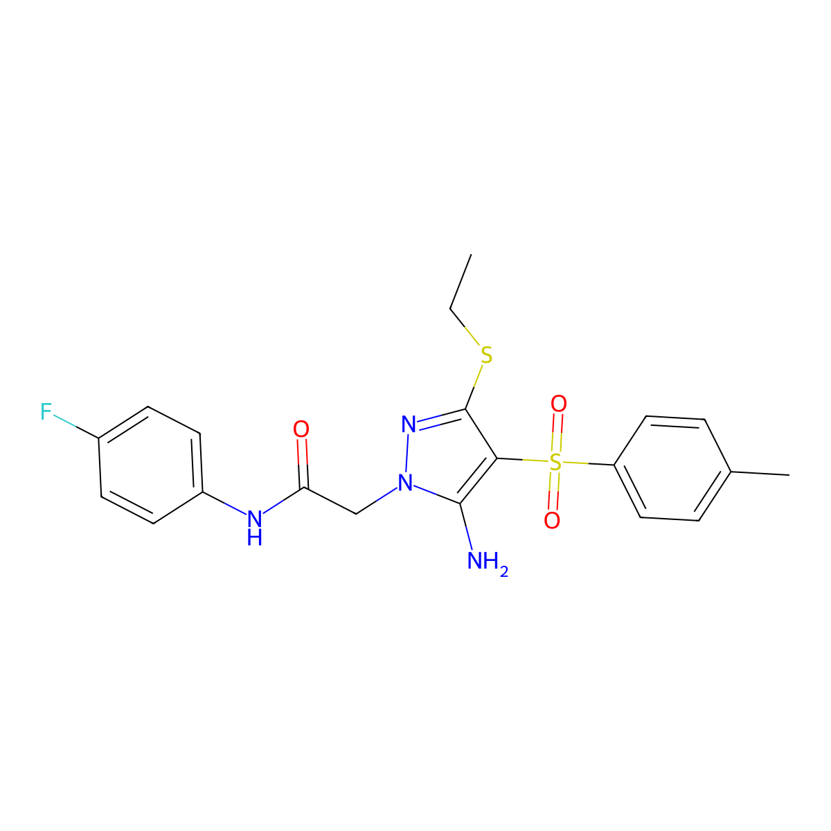 2-(5-amino-3-(ethylthio)-4-tosyl-1H-pyrazol-1-yl)-N-(4-fluorophenyl)acetamide molecular structure, CAS 1019099-72-9