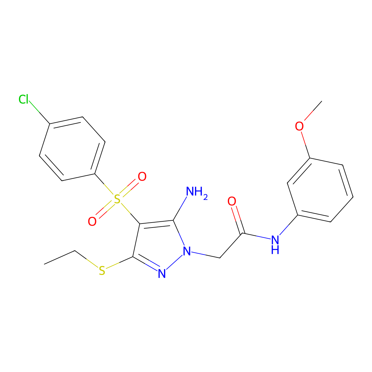 2-(5-amino-4-((4-chlorophenyl)sulfonyl)-3-(ethylthio)-1H-pyrazol-1-yl)-N-(3-methoxyphenyl)acetamide molecular structure, CAS 1019099-75-2