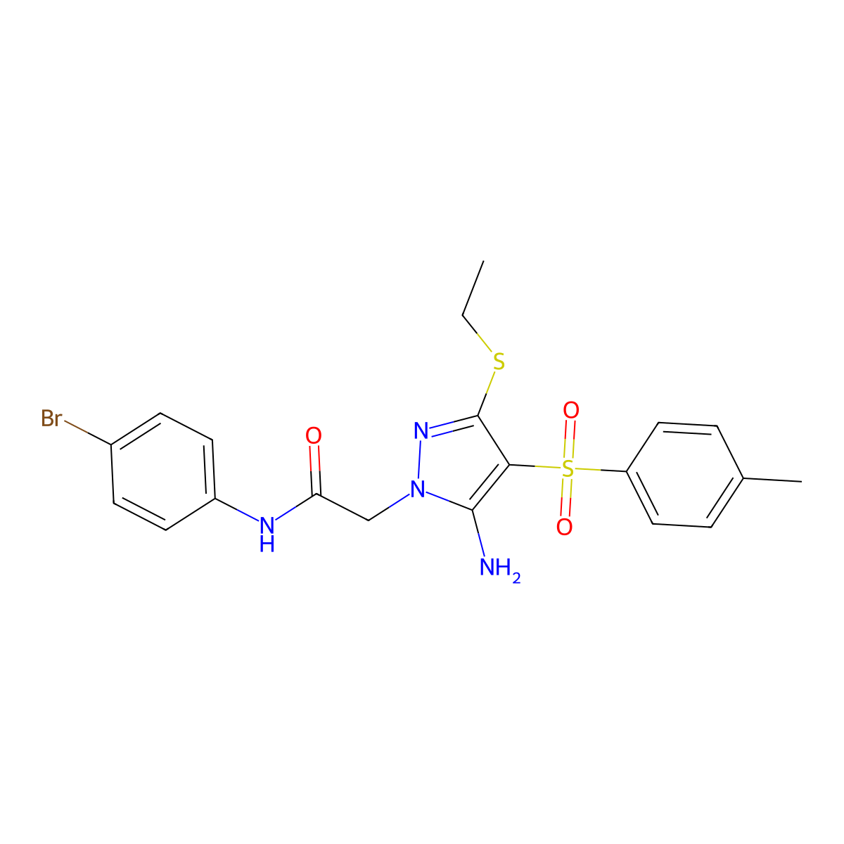 2-(5-amino-3-(ethylthio)-4-tosyl-1H-pyrazol-1-yl)-N-(4-bromophenyl)acetamide molecular structure, CAS 1019099-77-4
