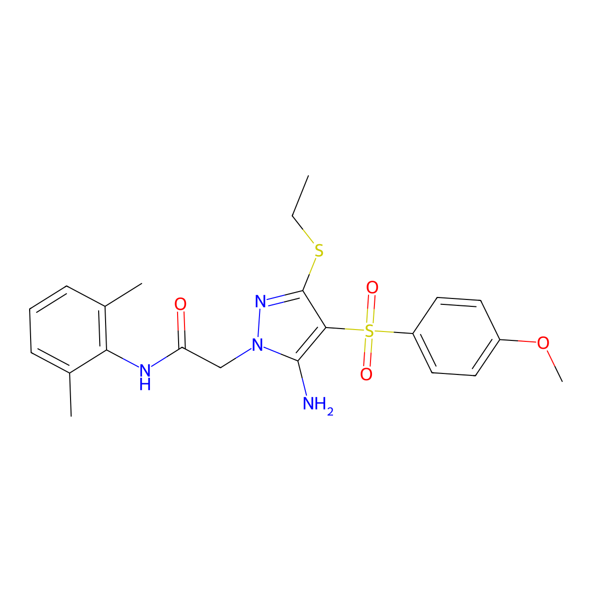 2-(5-amino-3-(ethylthio)-4-((4-methoxyphenyl)sulfonyl)-1H-pyrazol-1-yl)-N-(2,6-dimethylphenyl)acetamide molecular structure, CAS 1019099-79-6