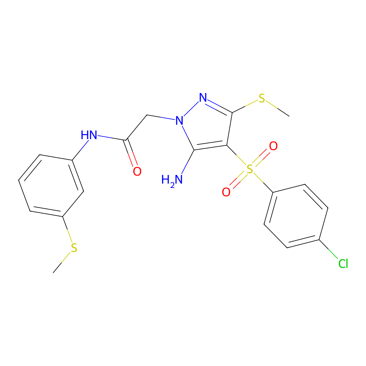 2-(5-amino-4-((4-chlorophenyl)sulfonyl)-3-(methylthio)-1H-pyrazol-1-yl)-N-(3-(methylthio)phenyl)acetamide molecular structure, CAS 1019099-80-9