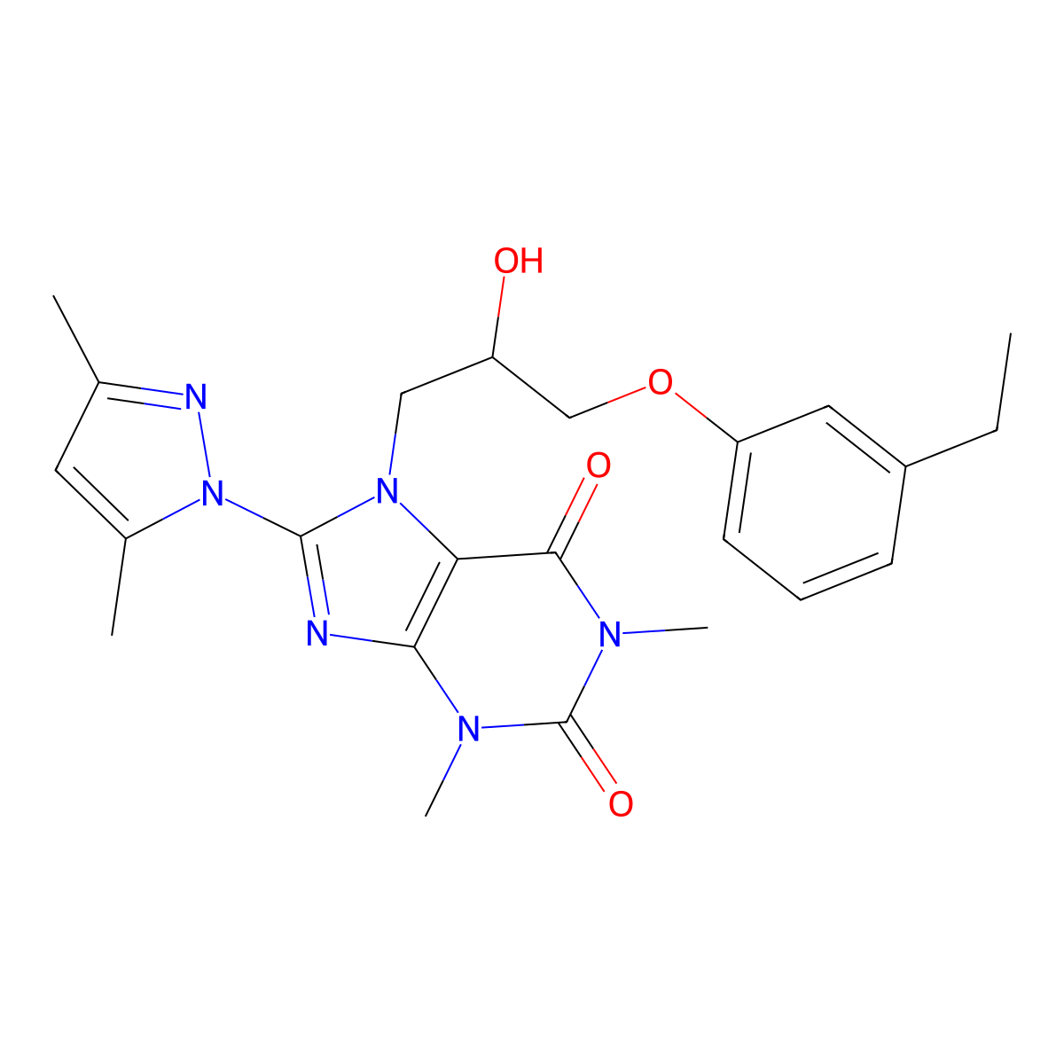 8-(3,5-dimethyl-1H-pyrazol-1-yl)-7-(3-(3-ethylphenoxy)-2-hydroxypropyl)-1,3-dimethyl-1H-purine-2,6(3H,7H)-dione molecular structure, CAS 1019099-83-2