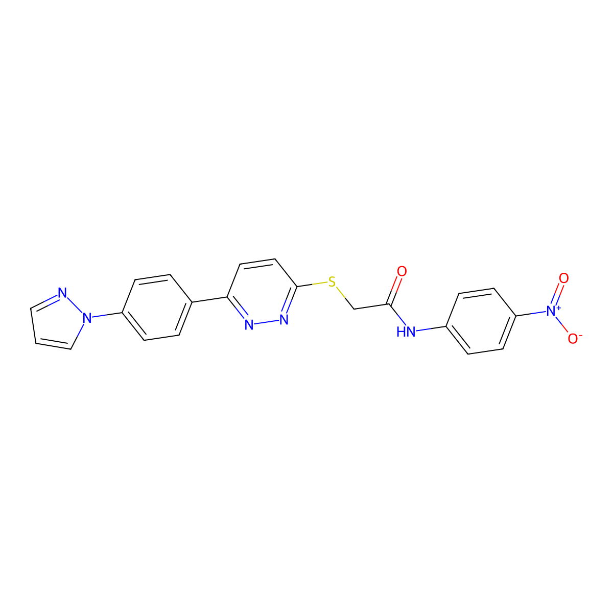 2-((6-(4-(1H-pyrazol-1-yl)phenyl)pyridazin-3-yl)thio)-N-(4-nitrophenyl)acetamide molecular structure, CAS 1019099-85-4