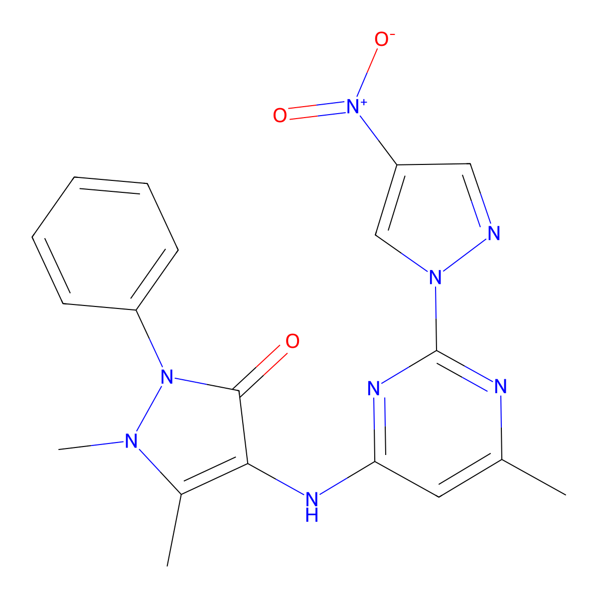 1,5-dimethyl-4-((6-methyl-2-(4-nitro-1H-pyrazol-1-yl)pyrimidin-4-yl)amino)-2-phenyl-1H-pyrazol-3(2H)-one molecular structure, CAS 1019099-88-7