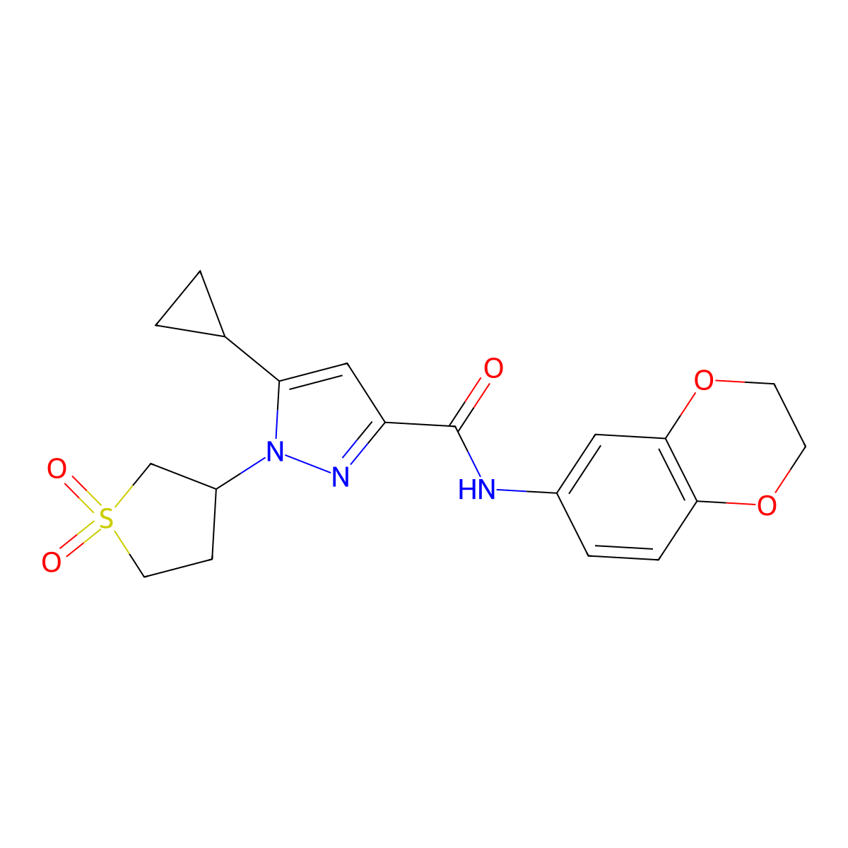 5-cyclopropyl-N-(2,3-dihydrobenzo[b][1,4]dioxin-6-yl)-1-(1,1-dioxidotetrahydrothiophen-3-yl)-1H-pyrazole-3-carboxamide molecular structure, CAS 1019099-97-8