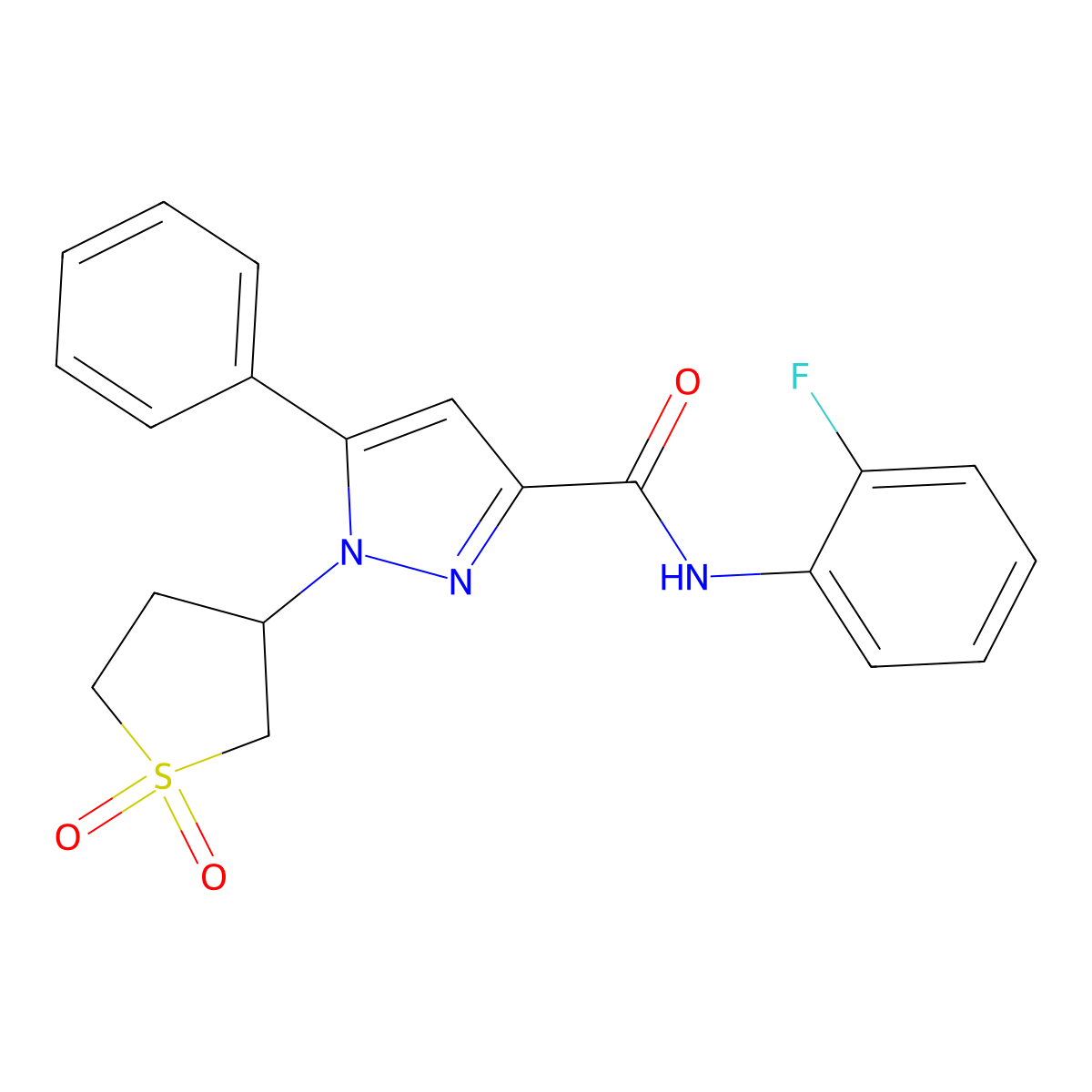 1-(1,1-dioxidotetrahydrothiophen-3-yl)-N-(2-fluorophenyl)-5-phenyl-1H-pyrazole-3-carboxamide molecular structure, CAS 1019099-98-9