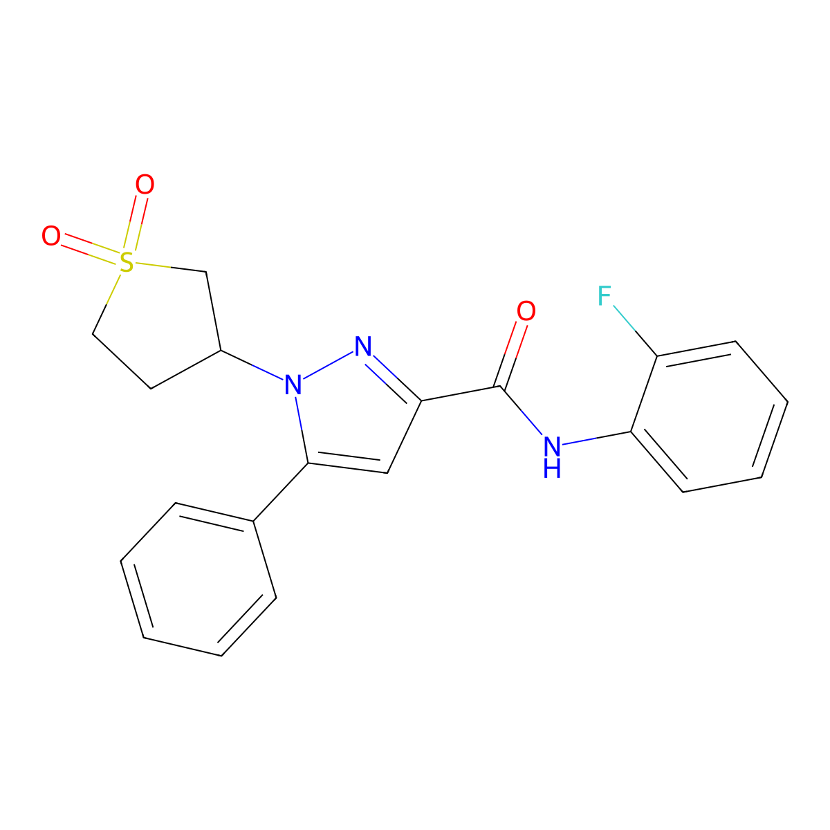 1-(1,1-dioxidotetrahydrothiophen-3-yl)-N-(2-fluorophenyl)-5-phenyl-1H-pyrazole-3-carboxamide molecular structure, CAS 1019099-98-9