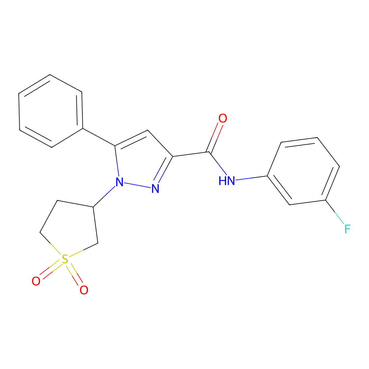 1-(1,1-dioxidotetrahydrothiophen-3-yl)-N-(3-fluorophenyl)-5-phenyl-1H-pyrazole-3-carboxamide molecular structure, CAS 1019099-99-0