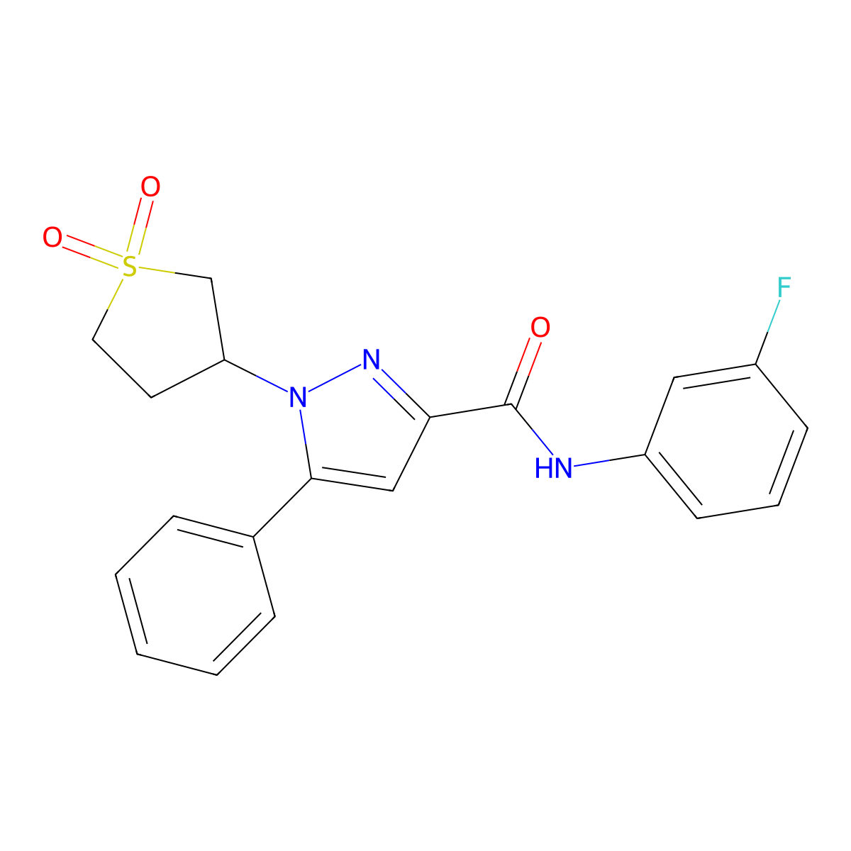 1-(1,1-dioxidotetrahydrothiophen-3-yl)-N-(3-fluorophenyl)-5-phenyl-1H-pyrazole-3-carboxamide molecular structure, CAS 1019099-99-0