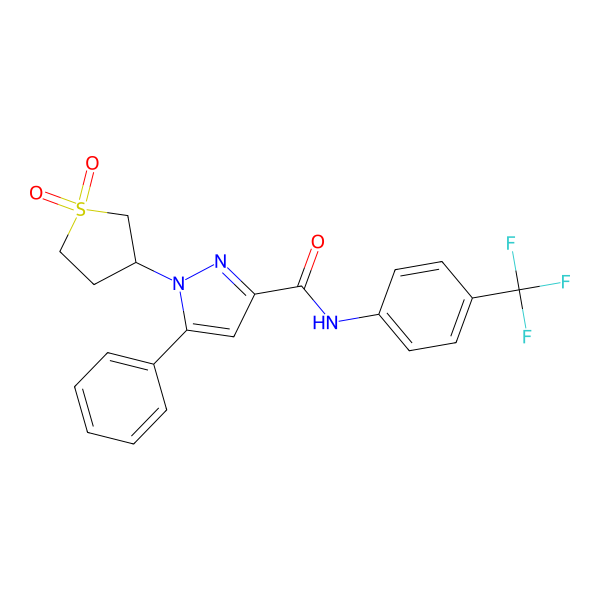 1-(1,1-dioxidotetrahydrothiophen-3-yl)-5-phenyl-N-(4-(trifluoromethyl)phenyl)-1H-pyrazole-3-carboxamide molecular structure, CAS 1019100-00-5