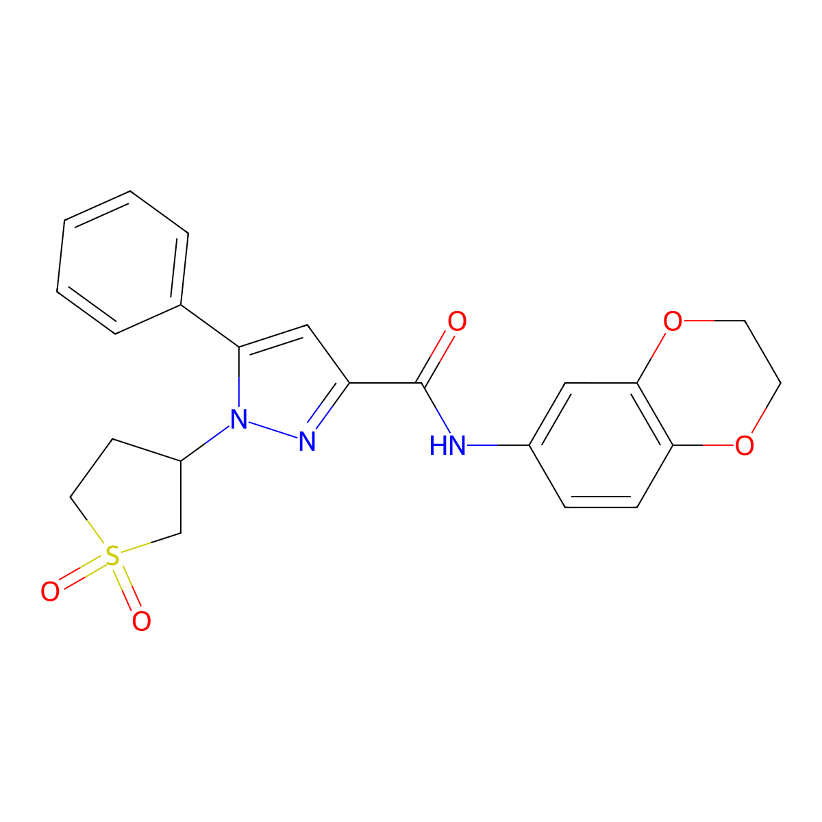 N-(2,3-dihydrobenzo[b][1,4]dioxin-6-yl)-1-(1,1-dioxidotetrahydrothiophen-3-yl)-5-phenyl-1H-pyrazole-3-carboxamide molecular structure, CAS 1019100-01-6