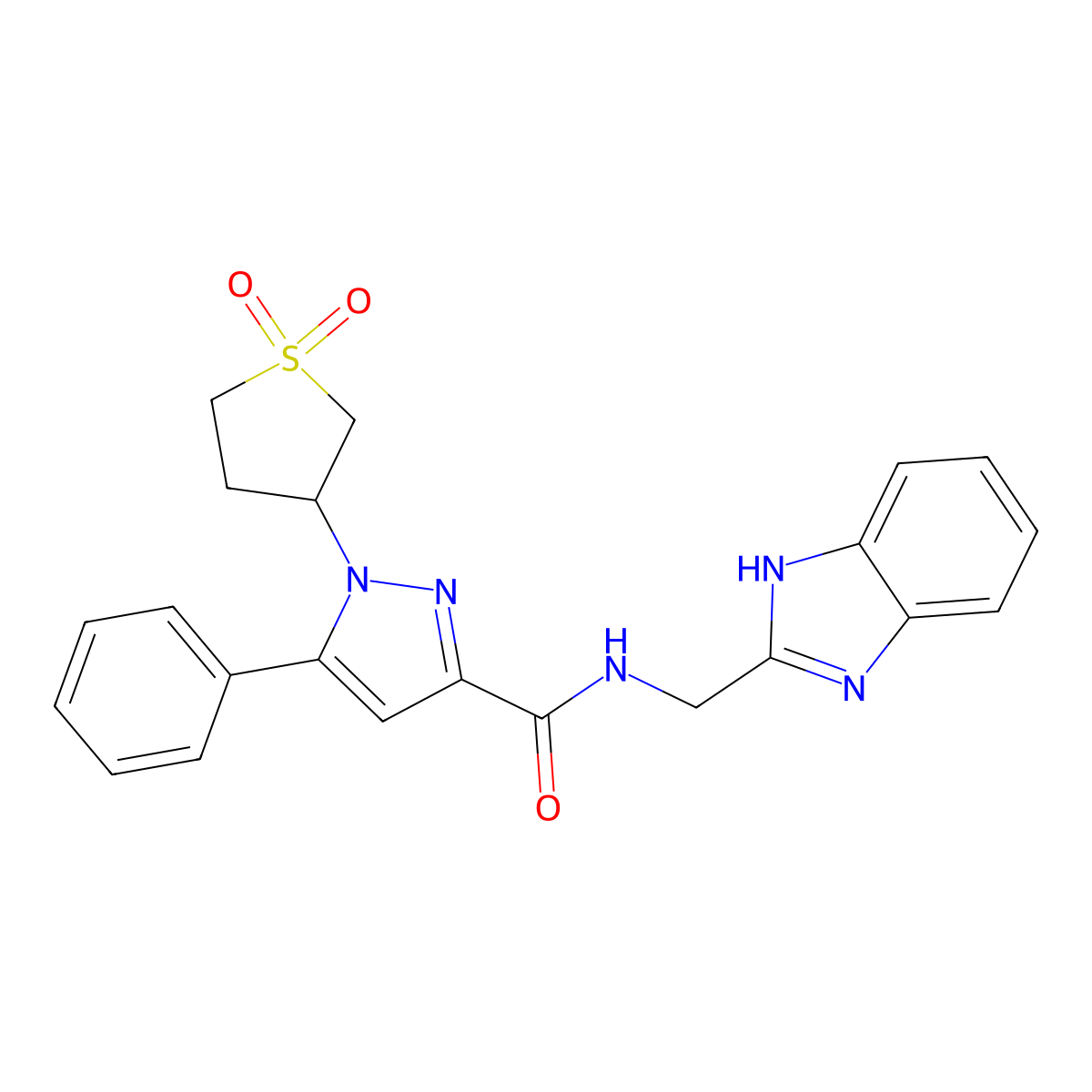 N-((1H-benzo[d]imidazol-2-yl)methyl)-1-(1,1-dioxidotetrahydrothiophen-3-yl)-5-phenyl-1H-pyrazole-3-carboxamide molecular structure, CAS 1019100-04-9