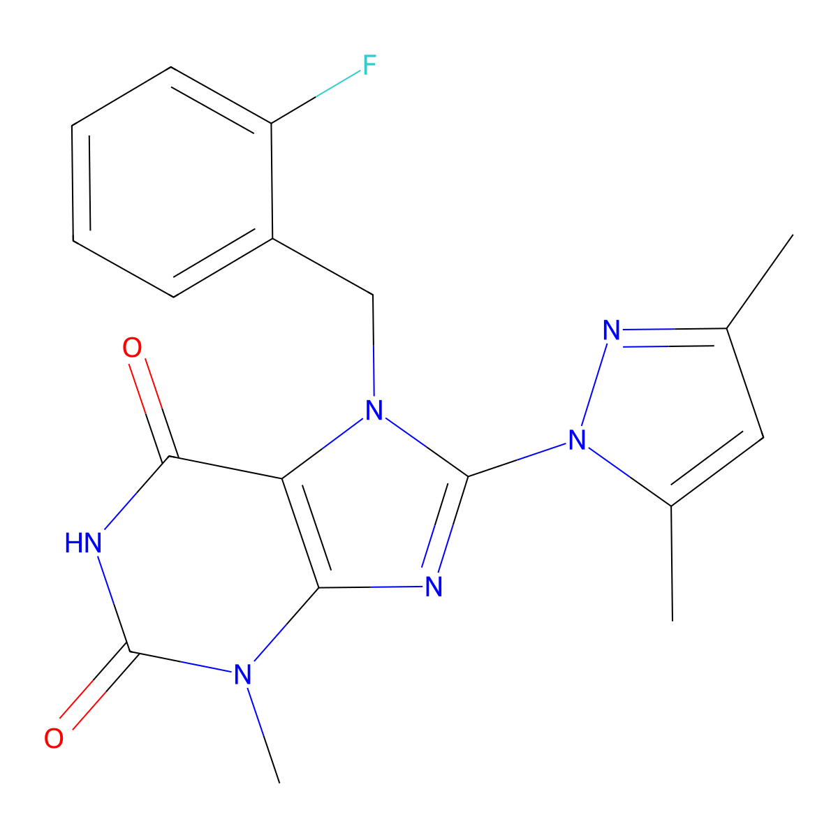 8-(3,5-dimethyl-1H-pyrazol-1-yl)-7-(2-fluorobenzyl)-3-methyl-1H-purine-2,6(3H,7H)-dione molecular structure, CAS 1019100-10-7