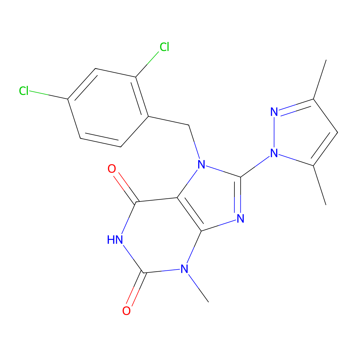 7-(2,4-dichlorobenzyl)-8-(3,5-dimethyl-1H-pyrazol-1-yl)-3-methyl-1H-purine-2,6(3H,7H)-dione molecular structure, CAS 1019100-12-9