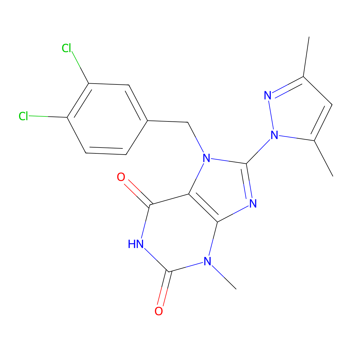 7-(3,4-dichlorobenzyl)-8-(3,5-dimethyl-1H-pyrazol-1-yl)-3-methyl-1H-purine-2,6(3H,7H)-dione molecular structure, CAS 1019100-13-0