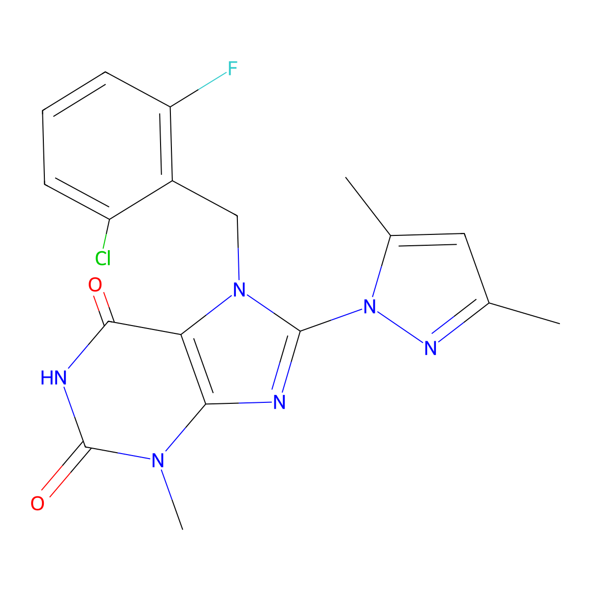 7-(2-chloro-6-fluorobenzyl)-8-(3,5-dimethyl-1H-pyrazol-1-yl)-3-methyl-1H-purine-2,6(3H,7H)-dione molecular structure, CAS 1019100-14-1