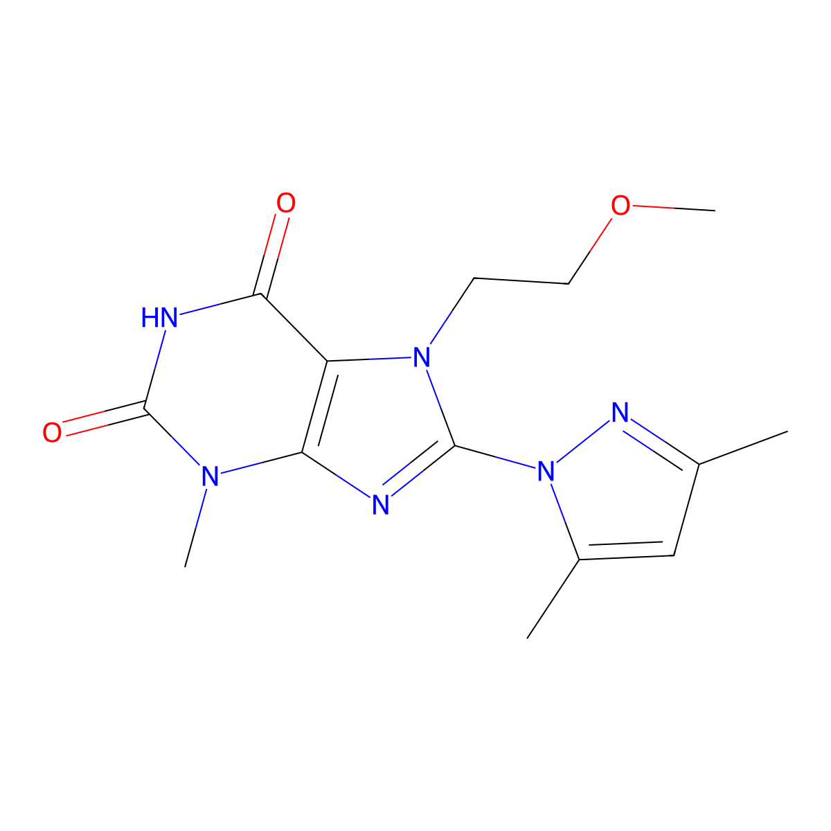 8-(3,5-dimethyl-1H-pyrazol-1-yl)-7-(2-methoxyethyl)-3-methyl-1H-purine-2,6(3H,7H)-dione molecular structure, CAS 1019100-15-2