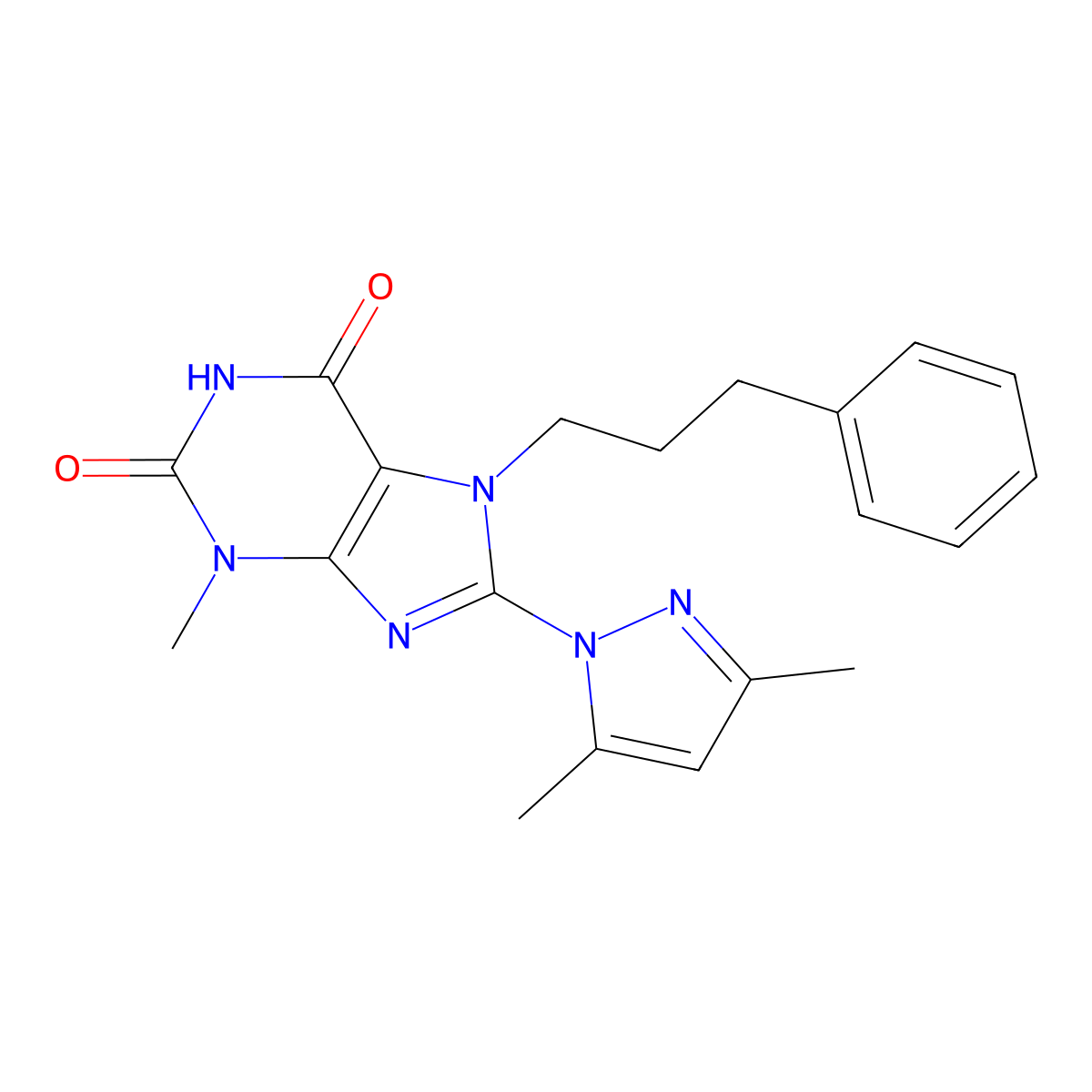 8-(3,5-dimethyl-1H-pyrazol-1-yl)-3-methyl-7-(3-phenylpropyl)-1H-purine-2,6(3H,7H)-dione molecular structure, CAS 1019100-16-3