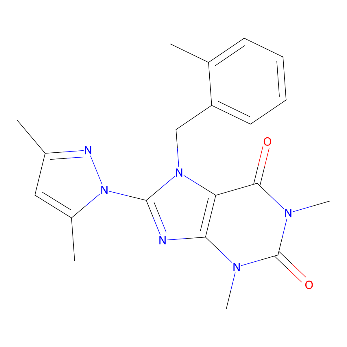 8-(3,5-dimethyl-1H-pyrazol-1-yl)-1,3-dimethyl-7-(2-methylbenzyl)-1H-purine-2,6(3H,7H)-dione molecular structure, CAS 1019100-18-5