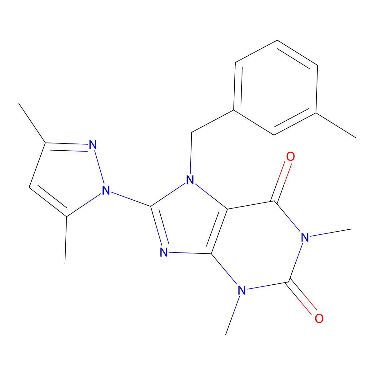 8-(3,5-dimethyl-1H-pyrazol-1-yl)-1,3-dimethyl-7-(3-methylbenzyl)-1H-purine-2,6(3H,7H)-dione molecular structure, CAS 1019100-19-6