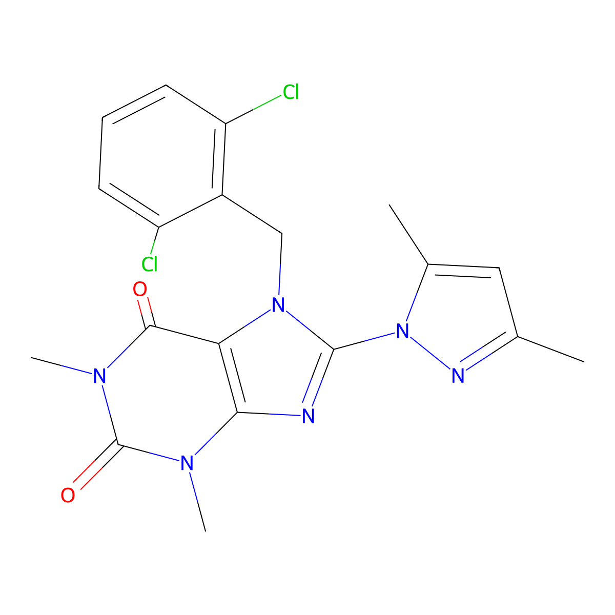 7-(2,6-dichlorobenzyl)-8-(3,5-dimethyl-1H-pyrazol-1-yl)-1,3-dimethyl-1H-purine-2,6(3H,7H)-dione molecular structure, CAS 1019100-25-4