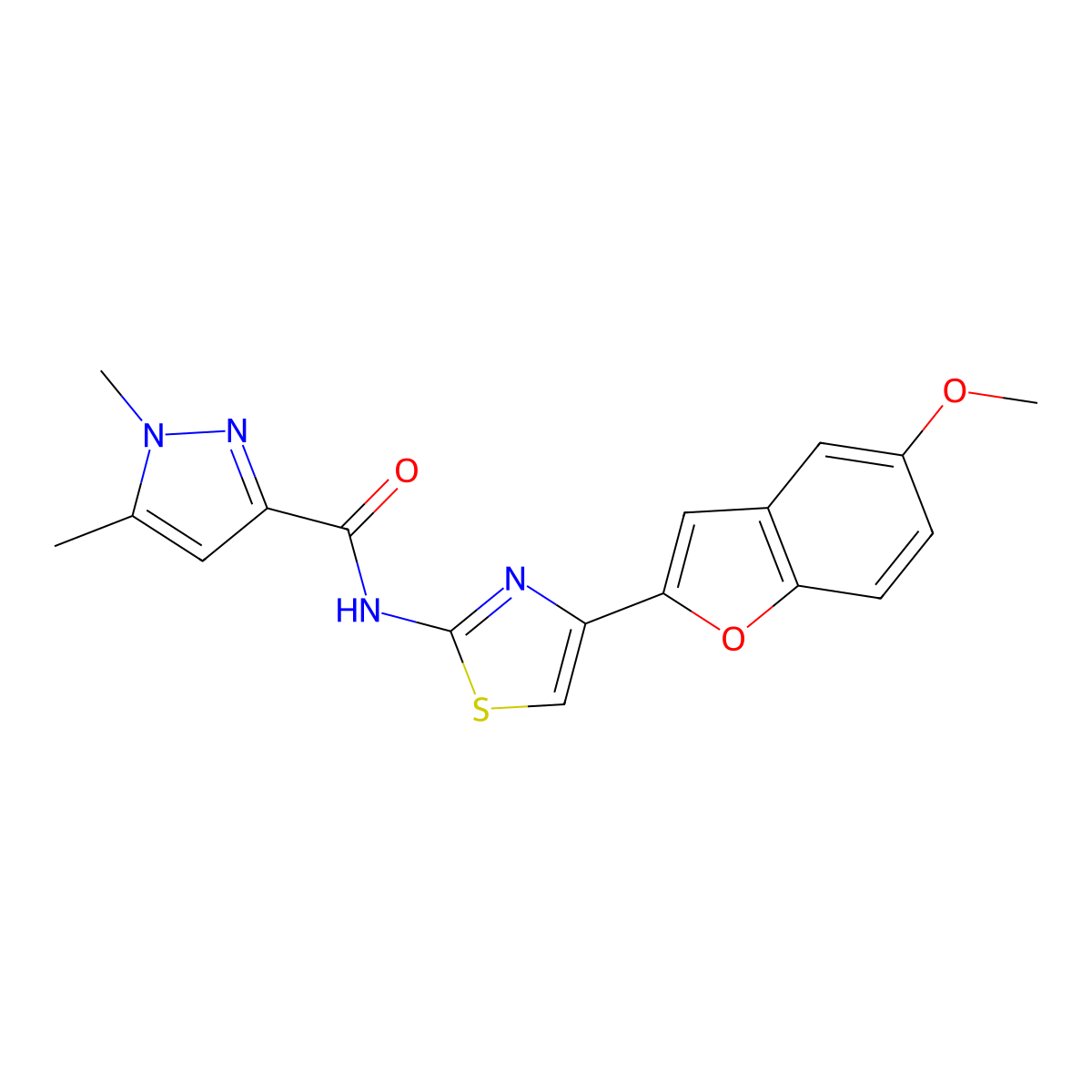 N-[4-(5-methoxy-1-benzofuran-2-yl)-1,3-thiazol-2-yl]-1,5-dimethyl-1H-pyrazole-3-carboxamide molecular structure, CAS 1019100-30-1