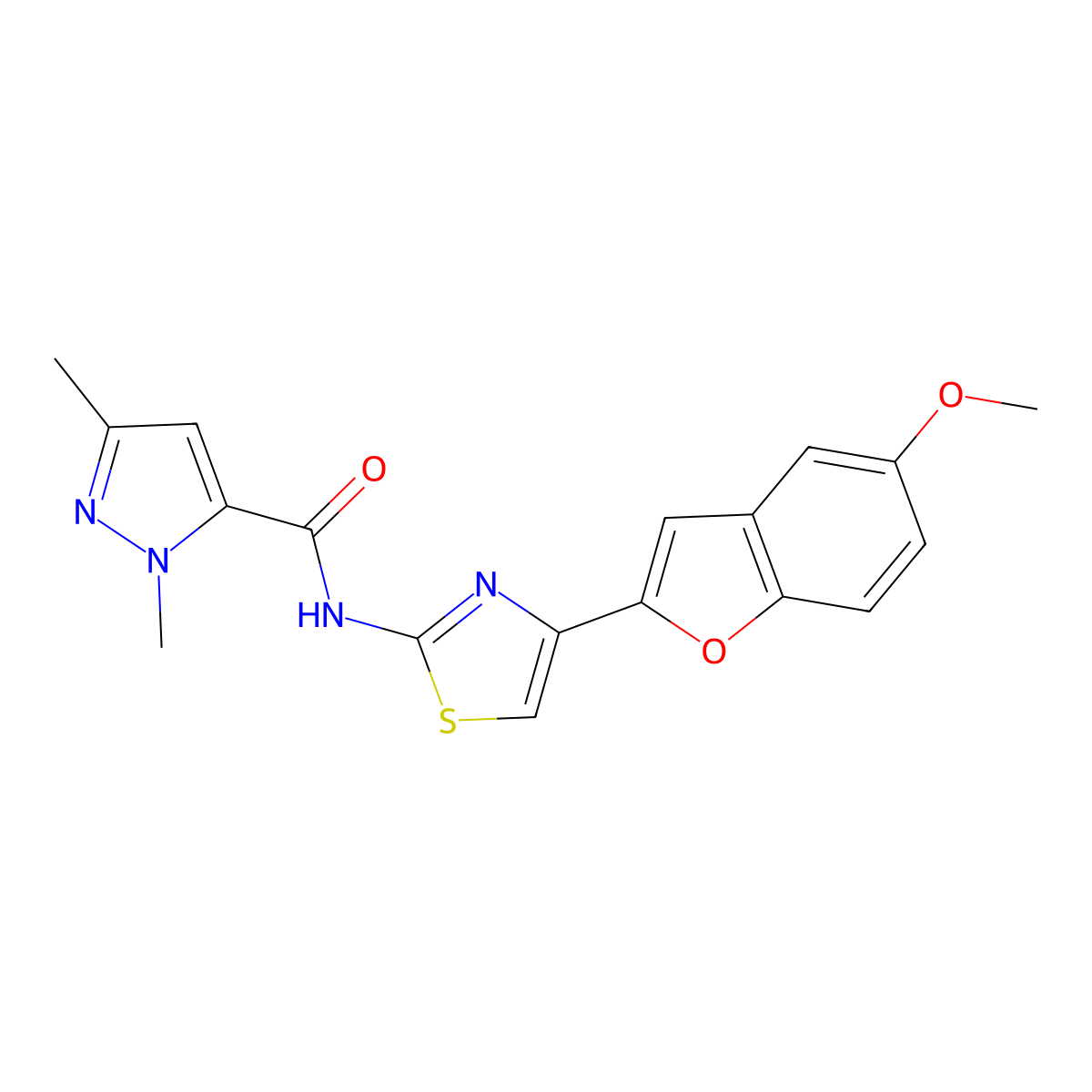 N-[4-(5-methoxy-1-benzofuran-2-yl)-1,3-thiazol-2-yl]-1,3-dimethyl-1H-pyrazole-5-carboxamide molecular structure, CAS 1019100-31-2