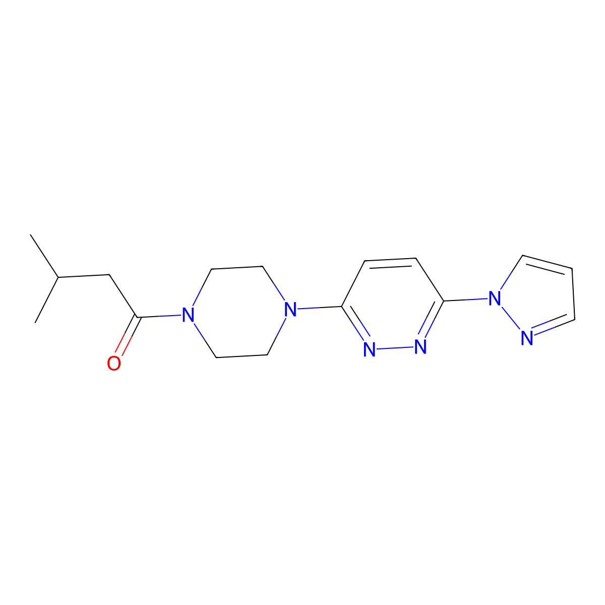 3-[4-(3-methylbutanoyl)-1-piperazinyl]-6-(1H-pyrazol-1-yl)pyridazine molecular structure, CAS 1019100-35-6