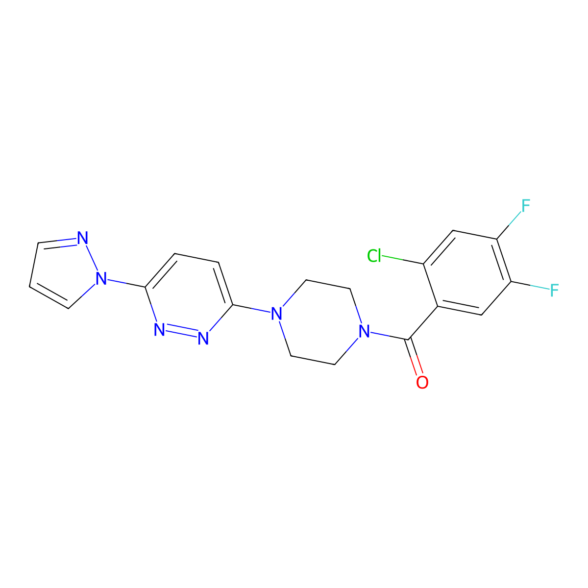 (4-(6-(1H-pyrazol-1-yl)pyridazin-3-yl)piperazin-1-yl)(2-chloro-4,5-difluorophenyl)methanone molecular structure, CAS 1019100-85-6