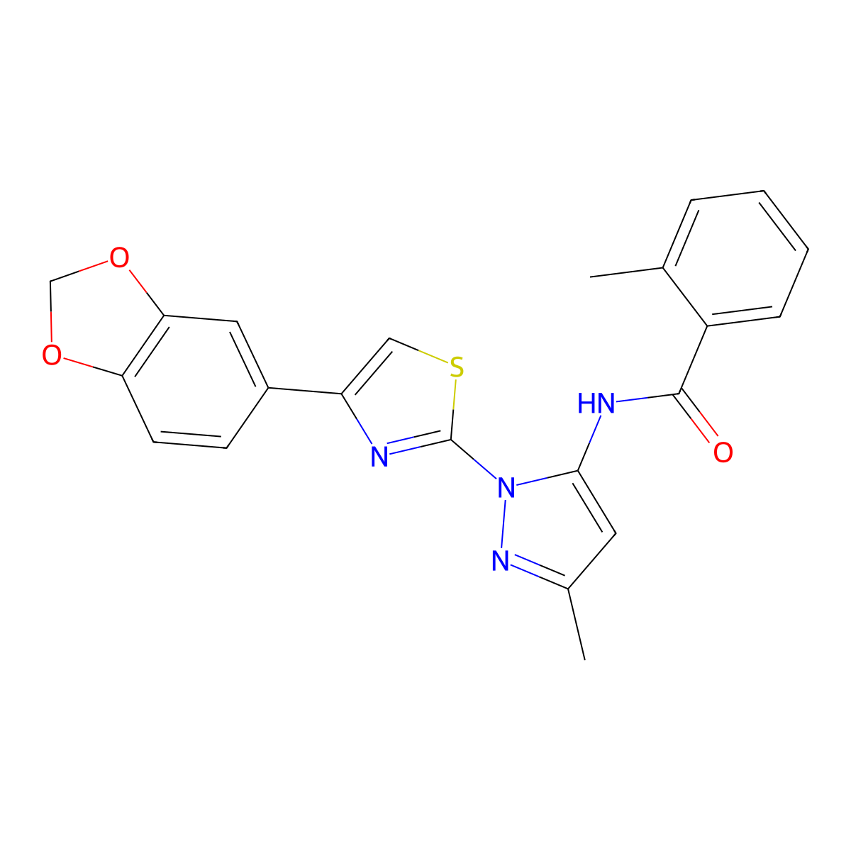 N-(1-(4-(benzo[d][1,3]dioxol-5-yl)thiazol-2-yl)-3-methyl-1H-pyrazol-5-yl)-2-methylbenzamide molecular structure, CAS 1019100-99-2