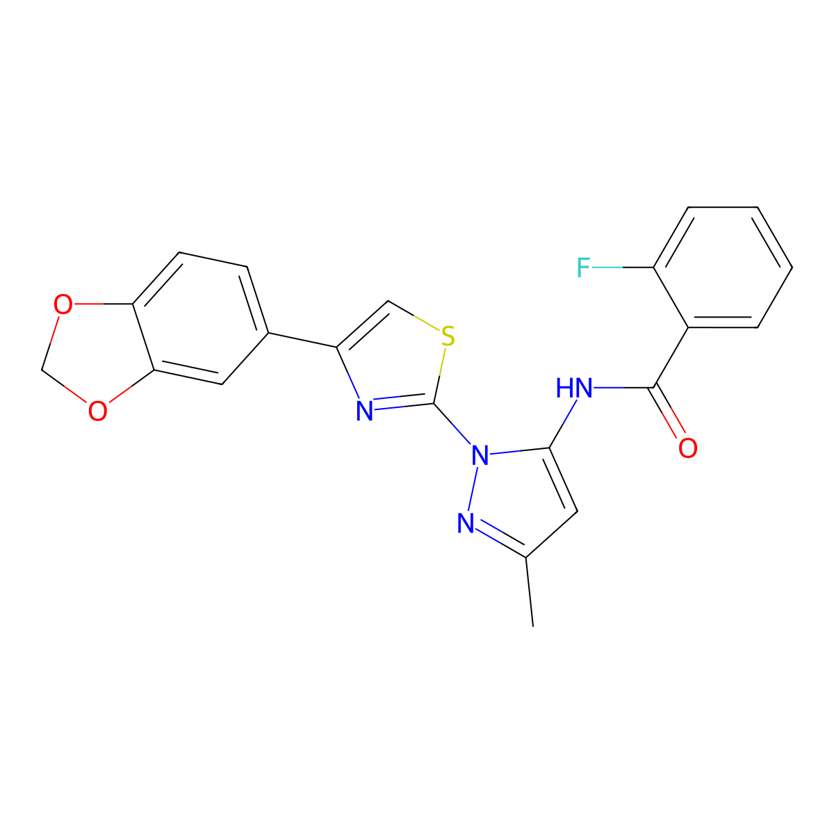 N-(1-(4-(benzo[d][1,3]dioxol-5-yl)thiazol-2-yl)-3-methyl-1H-pyrazol-5-yl)-2-fluorobenzamide molecular structure, CAS 1019101-07-5