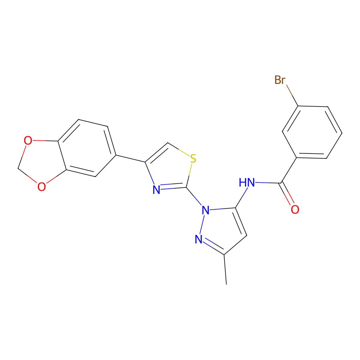 N-(1-(4-(benzo[d][1,3]dioxol-5-yl)thiazol-2-yl)-3-methyl-1H-pyrazol-5-yl)-3-bromobenzamide molecular structure, CAS 1019101-09-7