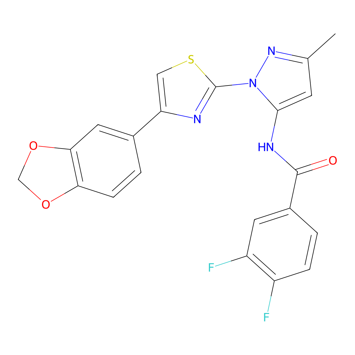 N-(1-(4-(benzo[d][1,3]dioxol-5-yl)thiazol-2-yl)-3-methyl-1H-pyrazol-5-yl)-3,4-difluorobenzamide molecular structure, CAS 1019101-11-1
