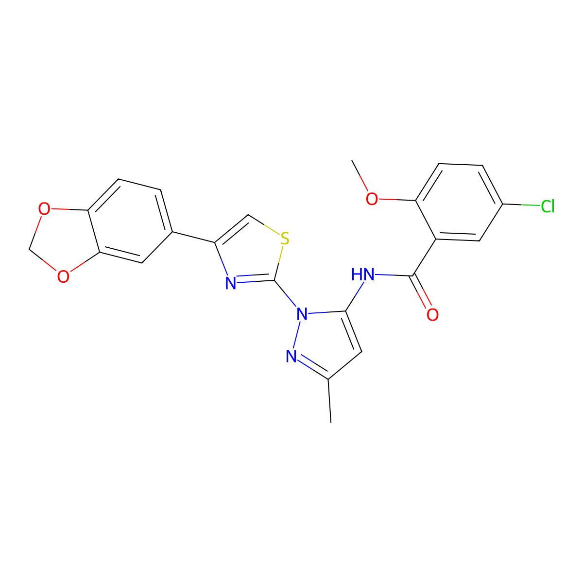 N-(1-(4-(benzo[d][1,3]dioxol-5-yl)thiazol-2-yl)-3-methyl-1H-pyrazol-5-yl)-5-chloro-2-methoxybenzamide molecular structure, CAS 1019101-14-4