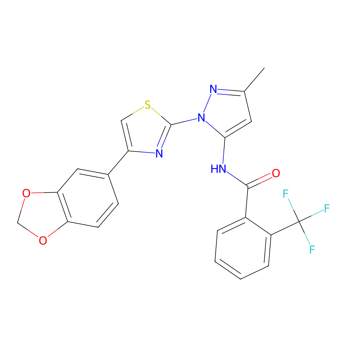 N-{1-[4-(2H-1,3-benzodioxol-5-yl)-1,3-thiazol-2-yl]-3-methyl-1H-pyrazol-5-yl}-2-(trifluoromethyl)benzamide molecular structure, CAS 1019101-17-7