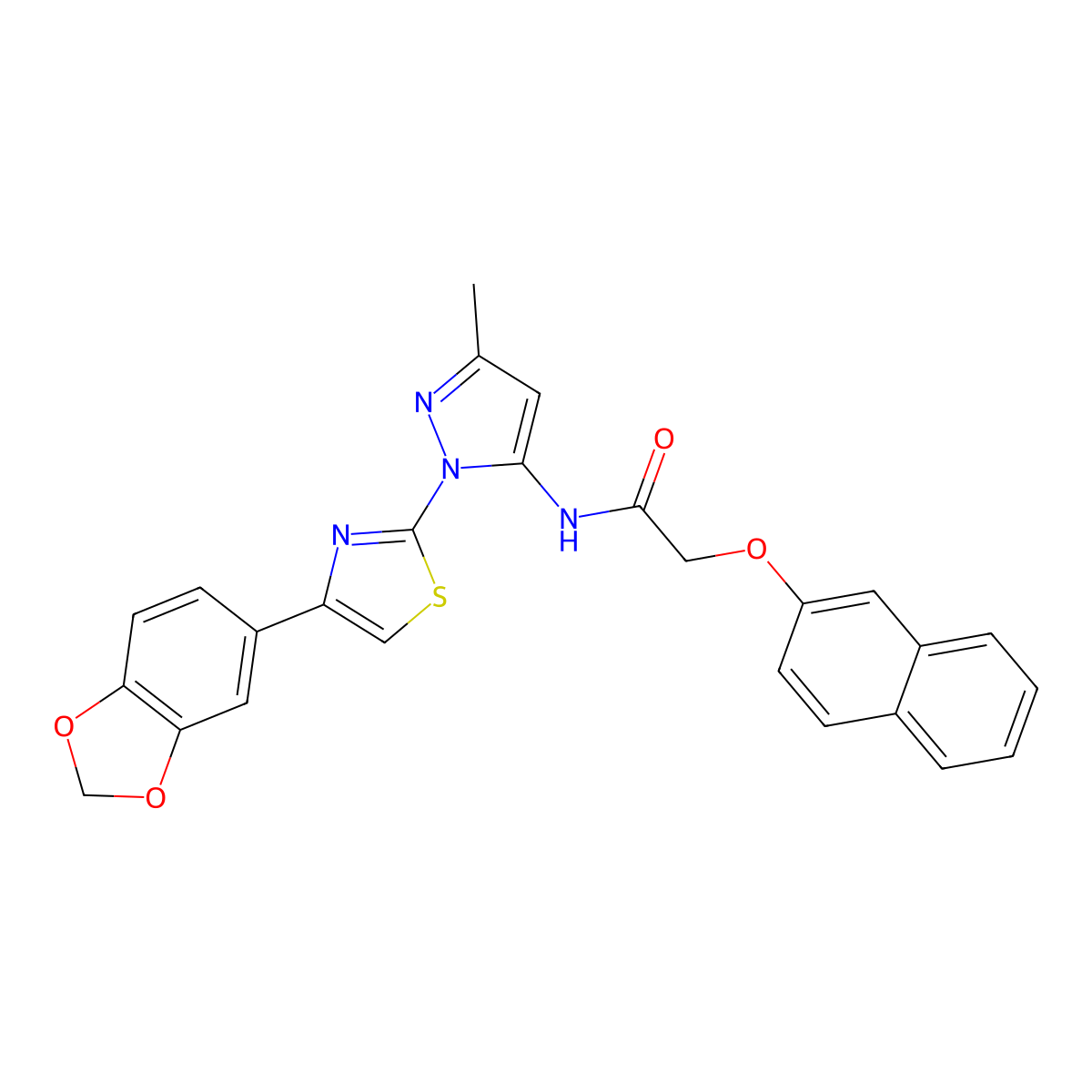 N-(1-(4-(benzo[d][1,3]dioxol-5-yl)thiazol-2-yl)-3-methyl-1H-pyrazol-5-yl)-2-(naphthalen-2-yloxy)acetamide molecular structure, CAS 1019101-23-5