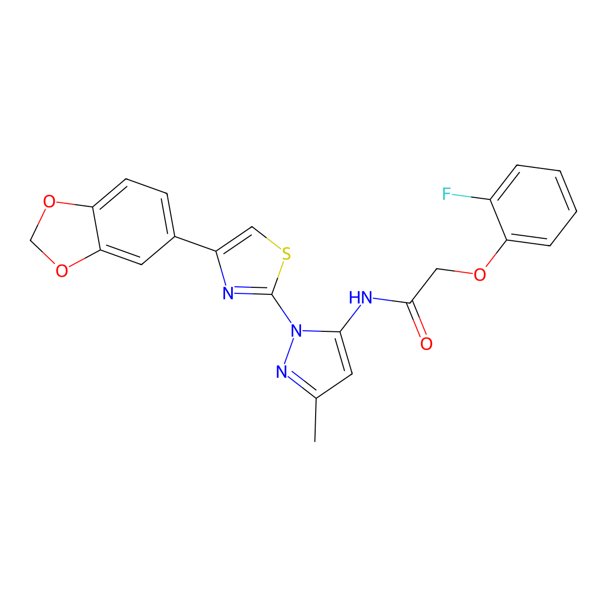 N-(1-(4-(benzo[d][1,3]dioxol-5-yl)thiazol-2-yl)-3-methyl-1H-pyrazol-5-yl)-2-(2-fluorophenoxy)acetamide molecular structure, CAS 1019101-26-8