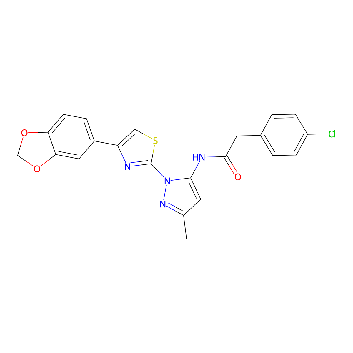 N-(1-(4-(benzo[d][1,3]dioxol-5-yl)thiazol-2-yl)-3-methyl-1H-pyrazol-5-yl)-2-(4-chlorophenyl)acetamide molecular structure, CAS 1019101-28-0